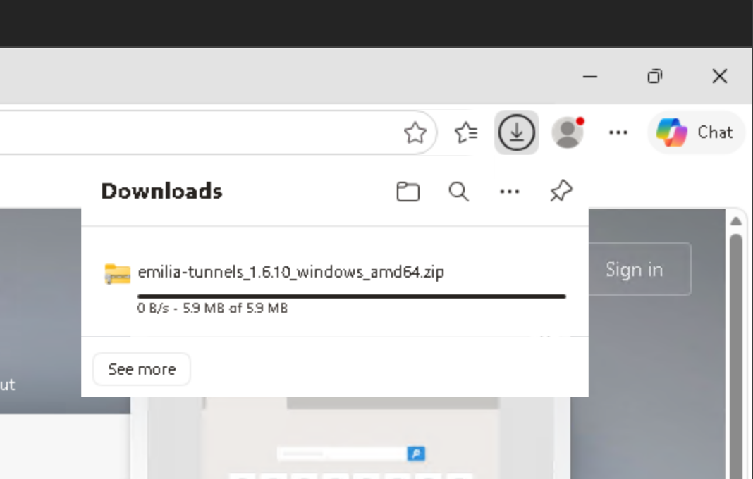 Microsoft Edge mostrando la descarga del zip de Emilia Tunnels