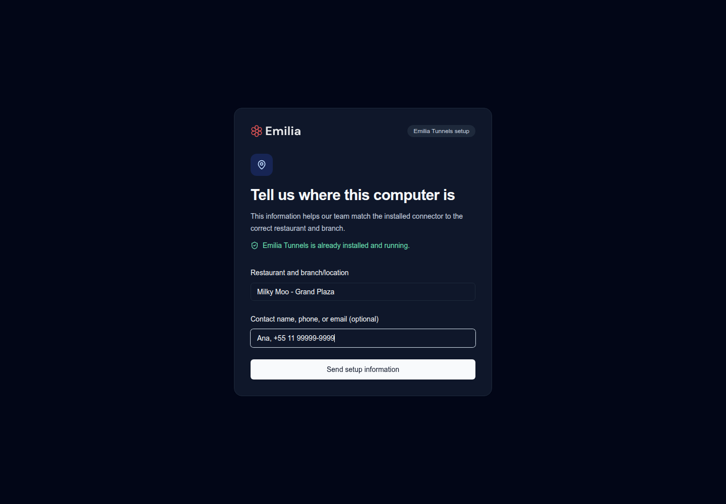 Emilia Tunnels browser setup form