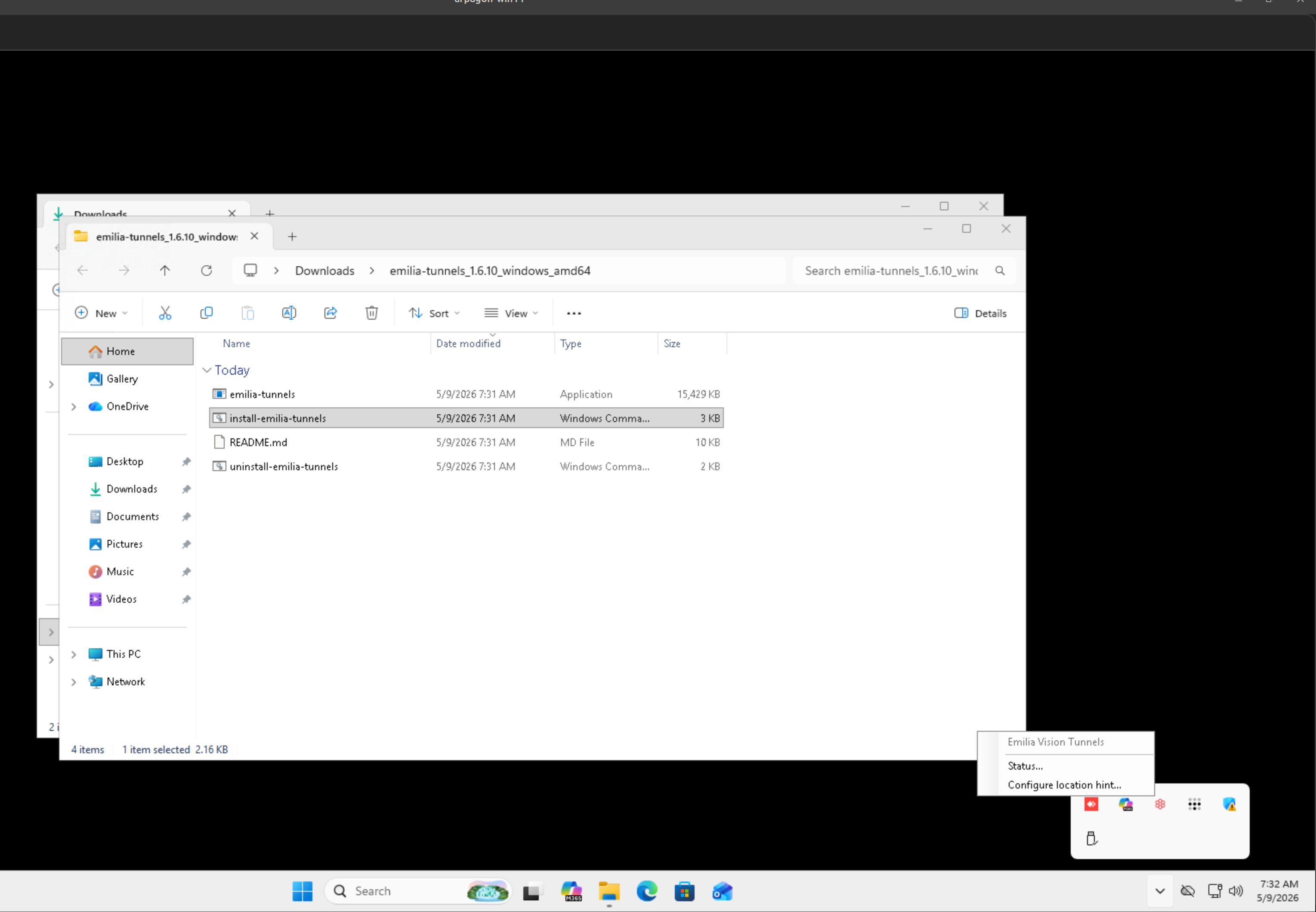 Menú de la bandeja de Windows mostrando las opciones de Emilia Tunnels