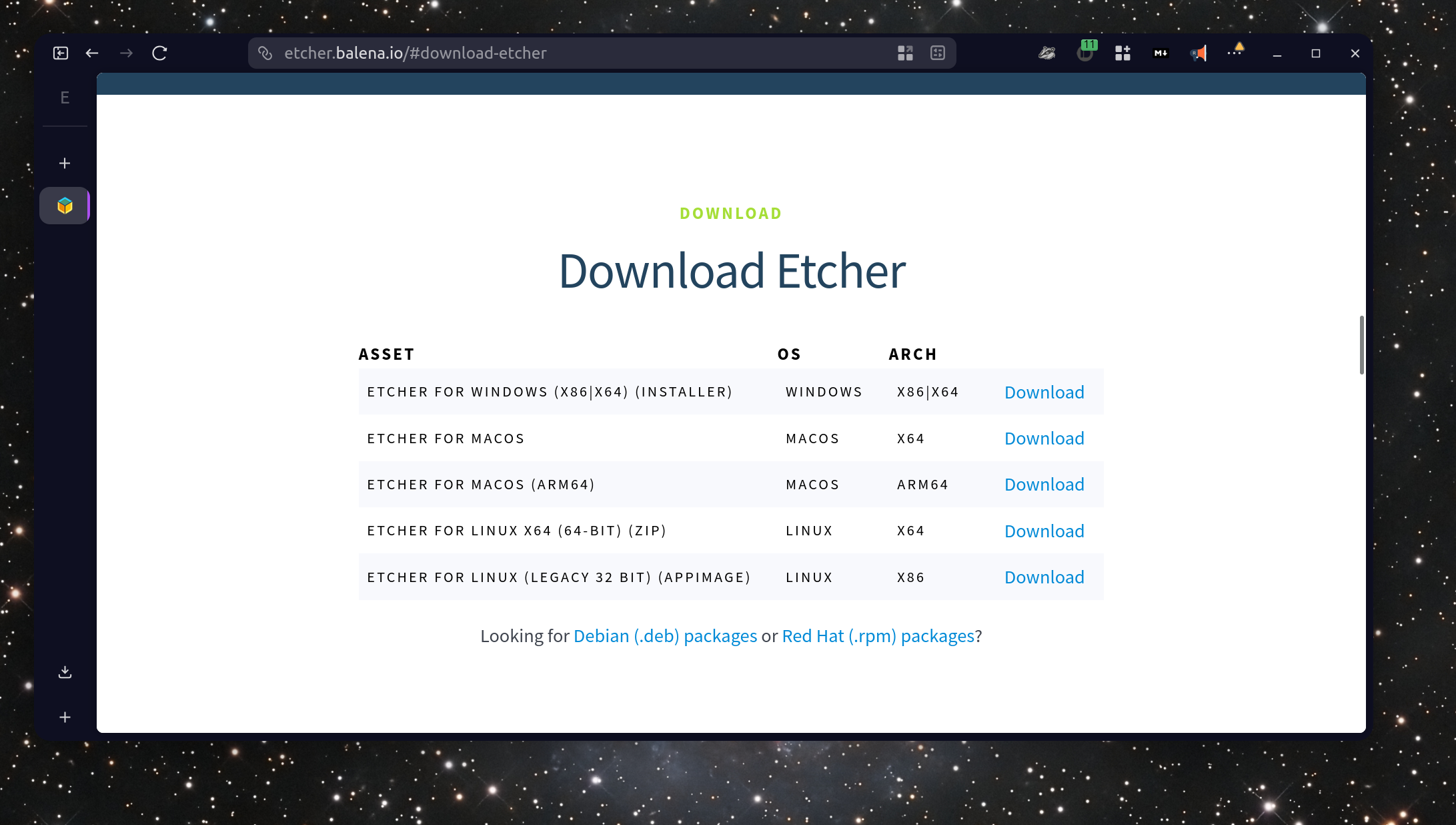 Pagina de download do Balena Etcher mostrando os botoes de download para Windows, macOS e Linux