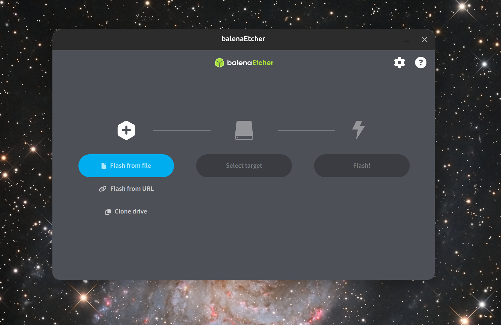 Tela principal do Balena Etcher com o botao "Flash from file" destacado