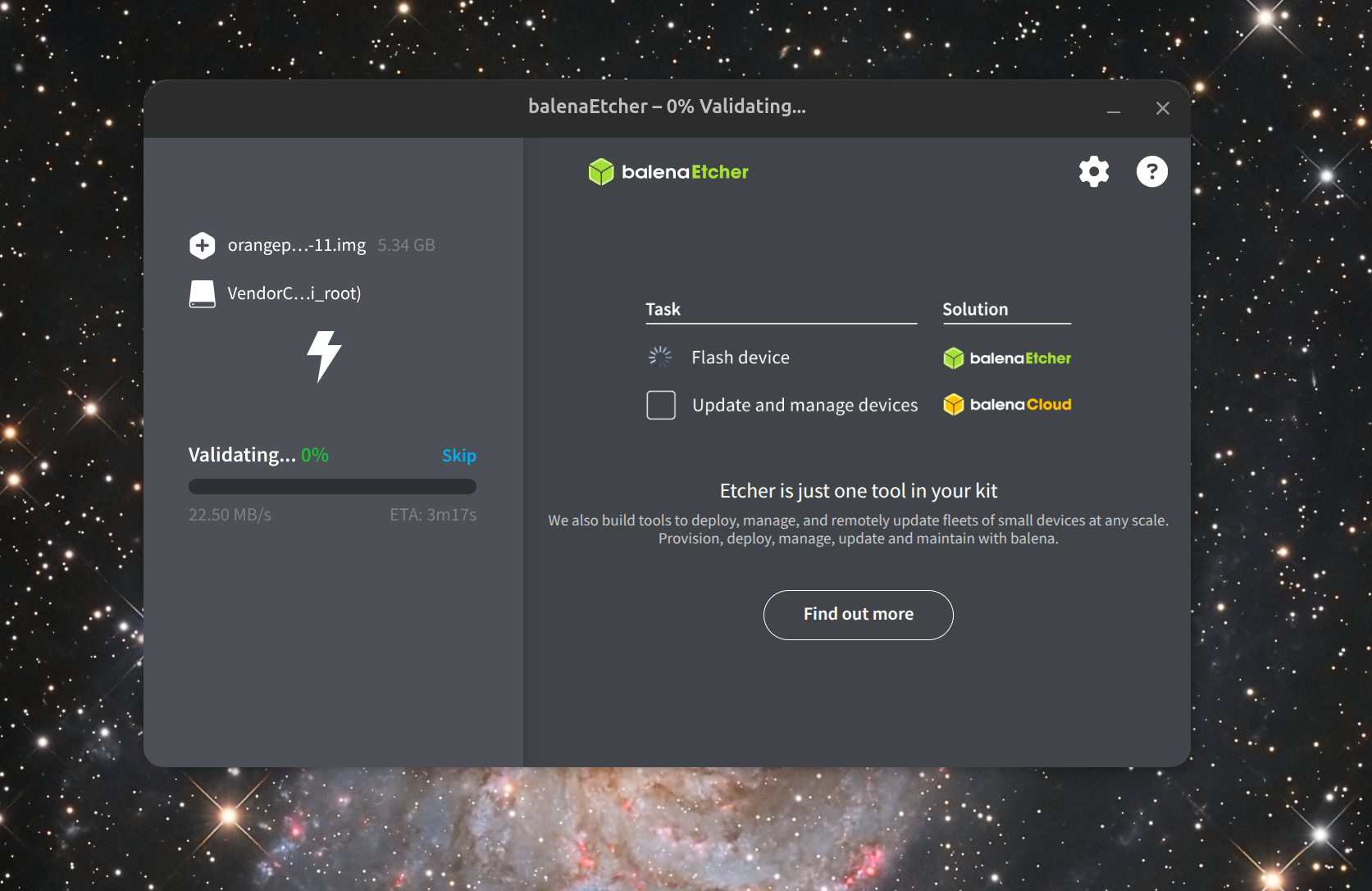 Balena Etcher validando a imagem gravada