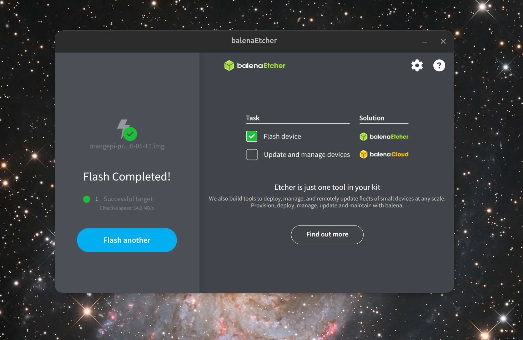 Balena Etcher mostrando a mensagem "Flash Completed!" com marca de verificacao verde
